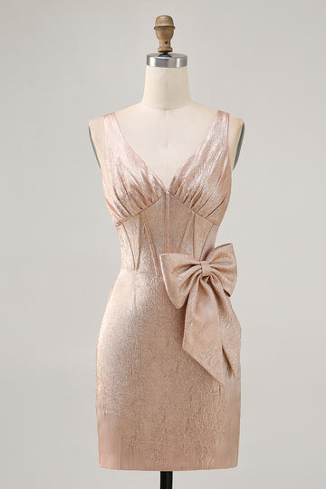 Champagne Bodycon Satin Short Homecoming Dress with Bow